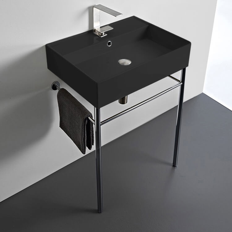 Bathroom Sink, Scarabeo 8031/R-60-49-CON-One Hole, Matte Black Ceramic Console Sink and Polished Chrome Stand